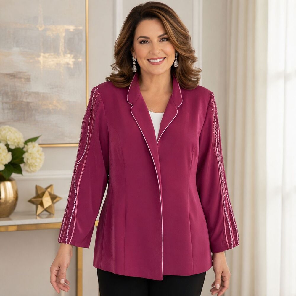 Donna Vinci Size 20 Plus Berry Embellished Jacket Beaded Ribbon Trim Evening